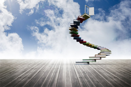 Book steps leading to door on skyの写真素材