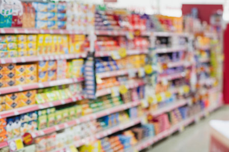 Defocused image of products at supermarketの写真素材