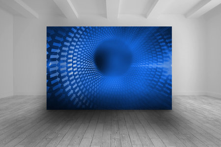 White room with blue picture of arrows