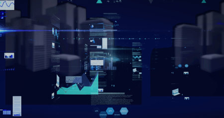 Image of statistics and data processing over 3d cityscape. global data processing, digital interface...
