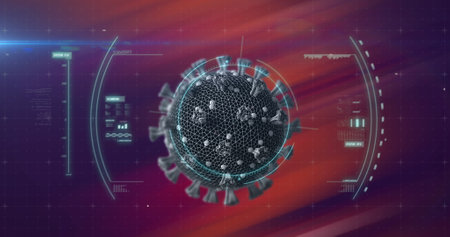 Image of circular scope scanning green covid 19 cell and data processing,on dark red. healthcare, technology and protection during coronavirus covid 19 pandemic, digitally generated image.の写真素材