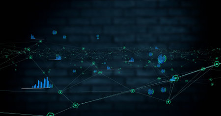 Image of network of connections data processing over brick wall. global technology connection...