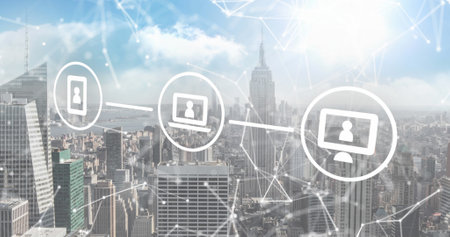Image of icons with network of connections over cityscape background. global networks, connections...
