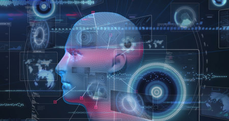 Image of spinning model of human head and data processing on interface. digital interface,...