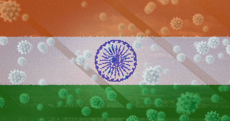 Composition of covid 19 cells over indian flag. global coronavirus pandemic indian healthcare crisis...