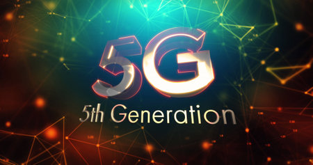 5g text against multiple changing numbers and network of connections on black background. global networking and connection conceptの写真素材