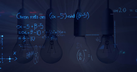 Image of light bulbs with scientific formulae and data processing. science, ideas and research concept digitally generated image.の写真素材