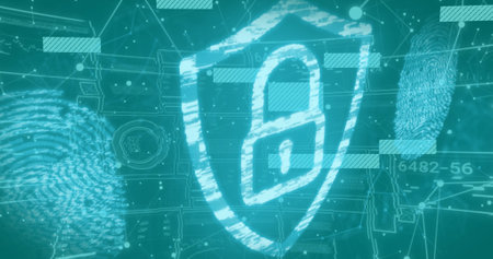 Image of digital data processing and security padlock over blue background. Global connections,...