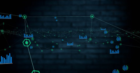 Image of network of connections data processing over brick wall. global technology connection...