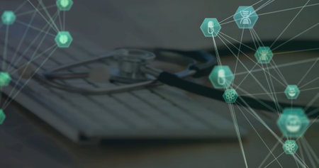 Image of networks of connections spinning over stethoscope on computer keyboard. online medicine and technology concept digitally generated image.の写真素材