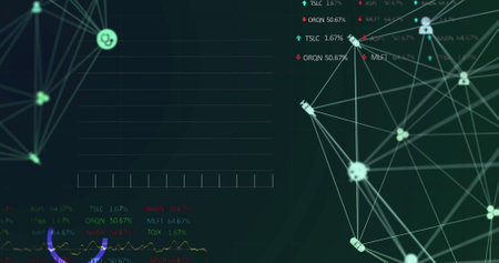 Globe of medical icons spinning against stock market data processing against black background....