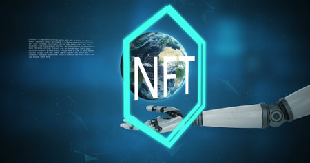 Image of nft over globe and arm of robot. digital resources and technology concept digitally generated image.の写真素材