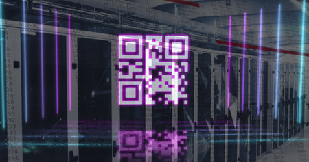 Digital composite of pink glowing qr code with multicolored lines against server room. image,...