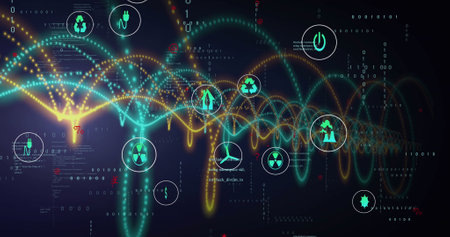 Image of computer icons with colorful spiral patterns and programming data. Hologram, digitally generated, multiple exposure, coding, infographic, futuristic, internet and technology concept.の写真素材