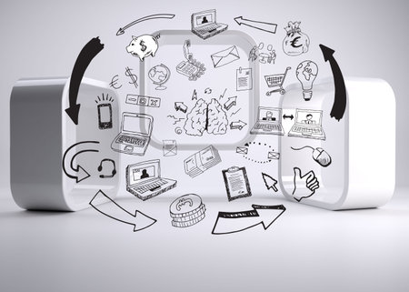 Drawn graphics on grey abstract backgroundの写真素材