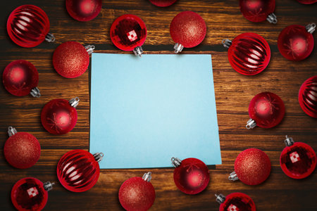 Christmas baubles on tableの写真素材