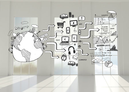 Black white graphic in room with windowsの写真素材