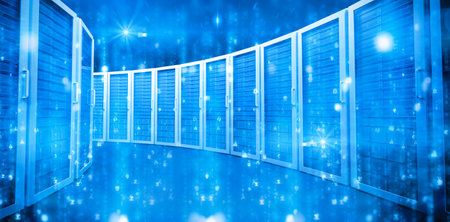 Low angle view of blue servers in room