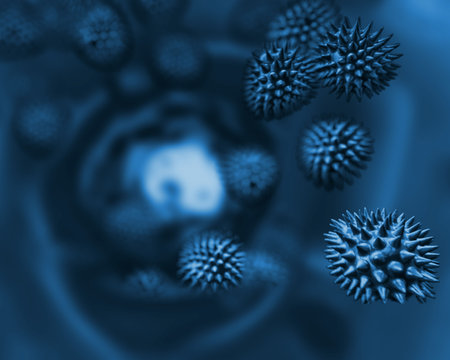 Blue virus cells on dark background