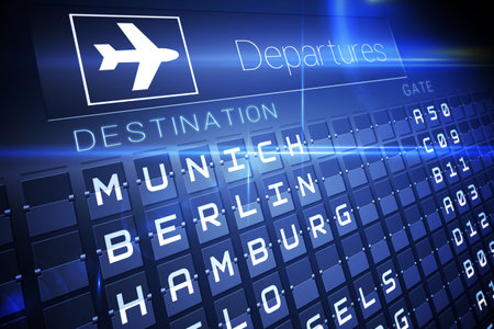 Digitally generated blue departures board for german citiesの写真素材