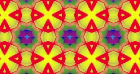 Image of rows of glowing multiple kaleidoscope abstract shapes moving in hypnotic motion in seamless...