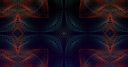 Image of rows of glowing multiple kaleidoscope abstract outlined shapes moving in hypnotic motion in seamless loop on black background. Colour and movement concept digitally generated image.の写真素材