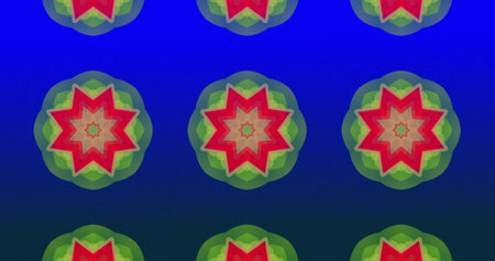 Image of rows of glowing multiple kaleidoscope abstract shapes moving in hypnotic motion in seamless loop on gradient blue background. Colour and movement concept digitally generated image.の写真素材