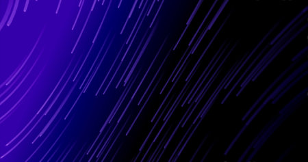 Image of multiple purple glowing light trails moving in hypnotic motion in seamless loop on purple...