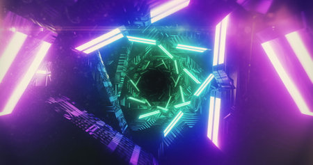 Image of glowing triangles forming tunnel with light trails spinning in hypnotic motion in seamless loop. Colour and movement concept digitally generated image.の写真素材