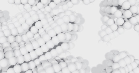 Image of multiple white 3d balls bubbling and moving up and down in formation in hypnotic motion in seamless loop on white background. Colour and movement concept digitally generated image.の写真素材