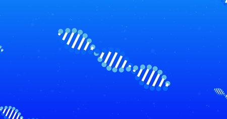 Image of multiple blue and white 3D double helix DNA strands spinning on blue background. Medicine...