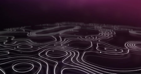 Image of multiple white glowing lines over spots of light flickering and moving in hypnotic motion in seamless loop on red background. Colour and movement concept digitally generated image.の写真素材