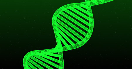Image of green glowing 3D double helix DNA strand spinning on green background. Medicine genetics...