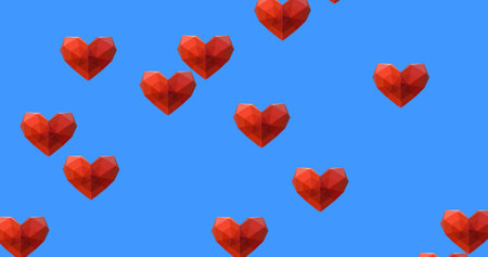 Image of multiple digital red heart love icons floating on blue background. Global online social...
