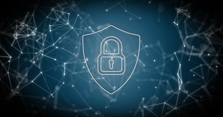 Image of white padlock online security icon data processing and digital interface with network of...