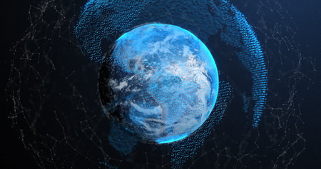 Image of blue glowing planet Earth with digital network of connections on dark blue background....