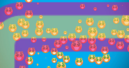 Image of 20 percentage off text over emoji icons. global business, finances, connections and digital...
