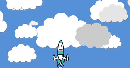 Image of spaceship rocket taking off with cut outs of white and grey clouds moving in seamless loop on blue background. Space travel concept digitally generated image.の写真素材