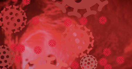 Image of macro red coronavirus cells spinning and spreading on red background. Global pandemic...