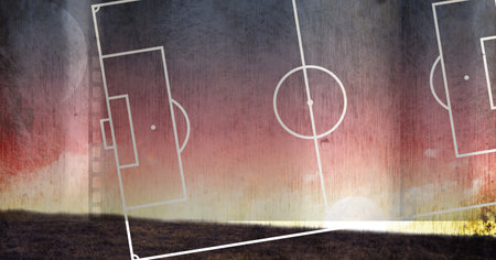 Composition of basketball court over landscape distressed background. sport and competition concept digitally generated image.の写真素材