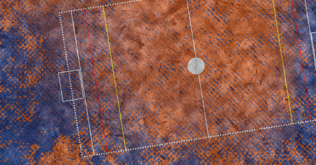 Composition of sports pitch grid overhead view over textured pink and blue concrete wall background. sport and competition concept digitally generated image.の写真素材