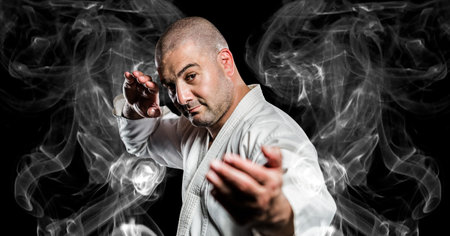 Composition of male martial artist over trails of smoke on black background. sport and competition concept digitally generated image.の写真素材
