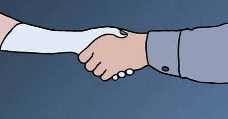 Composition of businessman and businesswoman shaking hands on blue background. business and finance concept digitally generated image.の写真素材