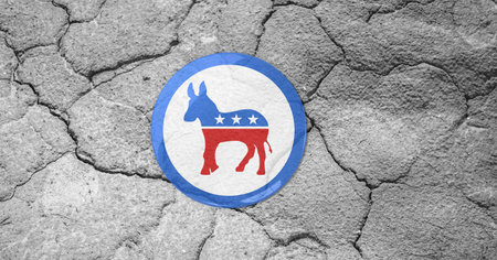 Composition of us democrat party donkey design in red and blue with stars on grey cracked earth. us...