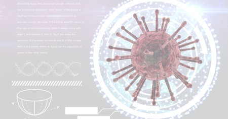 Digital illustration of a Coronavirus Covid-19 cell over data processing, statistics showing in the...