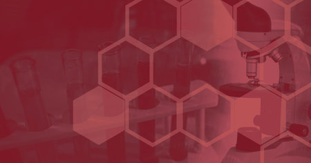 Digital illustration of a microscope and test tubes standing in a row with a red background. Medicine public health pandemic coronavirus Covid 19 outbreak concept digital composite.の写真素材