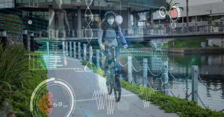 Digital illustration of a woman wearing a face mask, riding a bike over data processing, statistics showing in the background. Medicine public health pandemic coronavirus Covid 19 outbreak concept digital composite.の写真素材