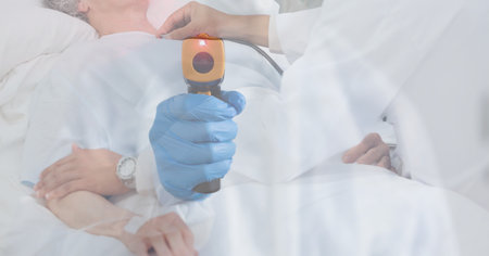 Digital illustration of a doctor holding an electronic thermometer over a doctor examining a senior...
