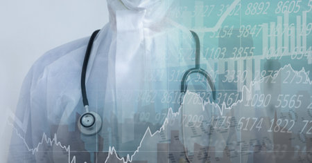 Digital illustration of a doctor wearing a face mask over data processing, statistics showing in the...
