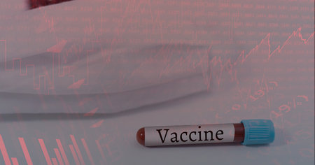 Digital illustration of a test tube with a VACCINE sign over data processing, statistics showing in the background. Medicine public health pandemic coronavirus Covid 19 outbreak concept digital composite.の写真素材